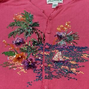 Quacker Factory Pink Ocean Sailboat Palm Tree Sequined Cardigan Sweater 1X*